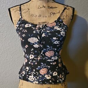 American Eagle Outfitters Black and Pink Tie Front Peplum Camisole